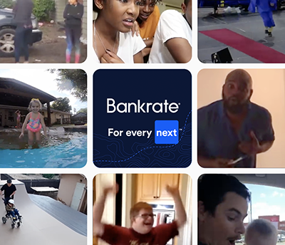 A collage of people with a logo at the center that reads “Bankrate; for every next.”